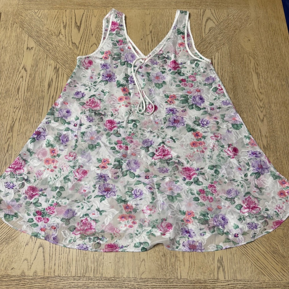 Kayanna Size Medium White Pink Purple Floral‎ Lace Nightgown Slip Dress Tie